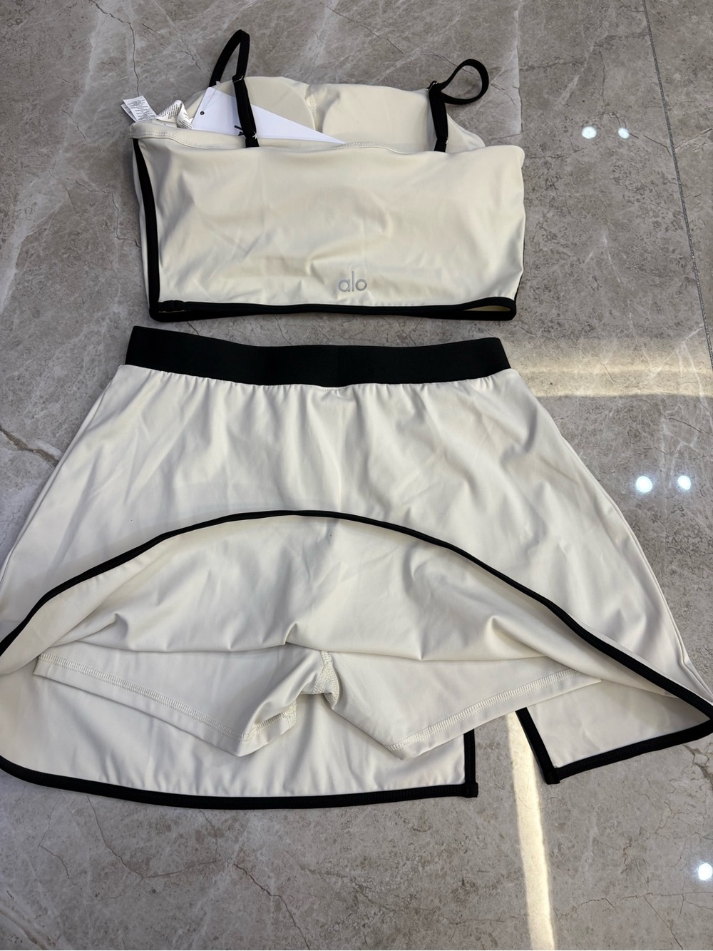 ALO Yoga Cream and Black Backless Crop Top with Matching Skirt - Picture 4 of 5
